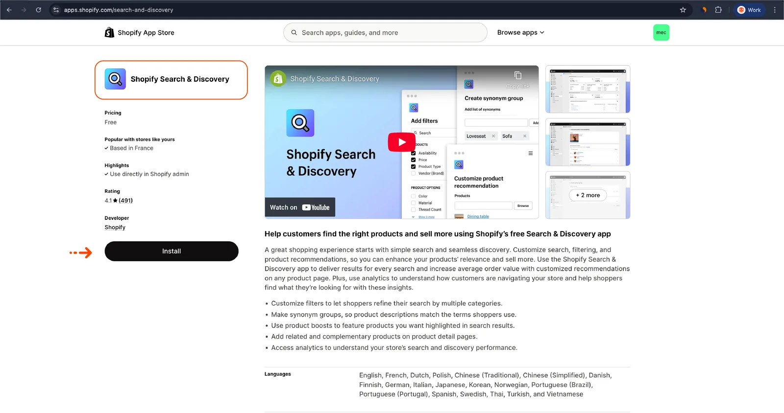 Installazione dell'app Search &amp; Discovery