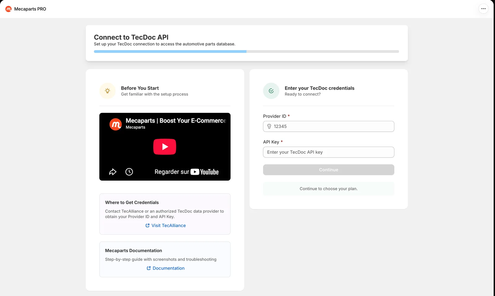 Bildschirm „Connect to TecDoc API“ mit den Feldern Provider ID und API Key